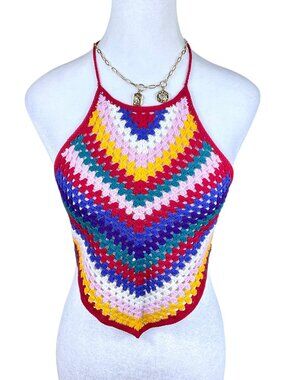 Forever 21 Halter Top Crochet Colorful Tie Back Boho (M)